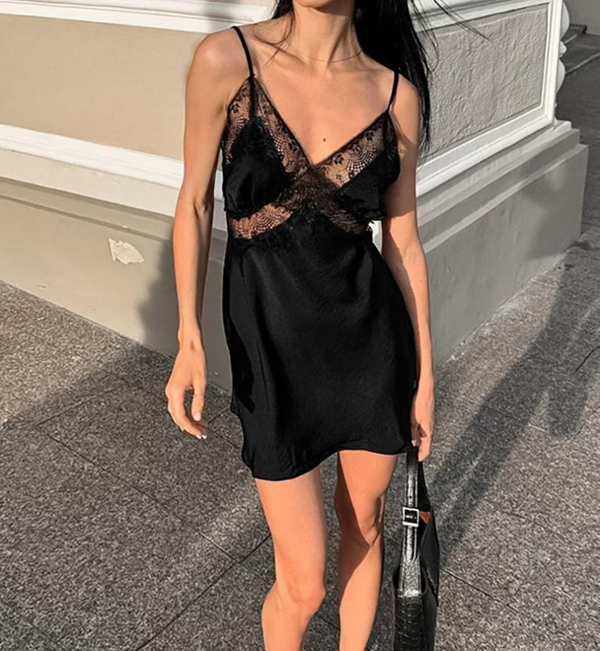 Spaghetti Strap V-Neck Plain Lace Panel Open Back Mini A-Line Dress Product Image