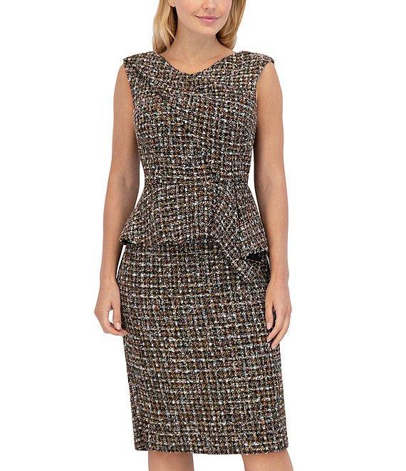 Eliza J Boucle V-Neck Sleeveless Peplum Sash Dress Product Image