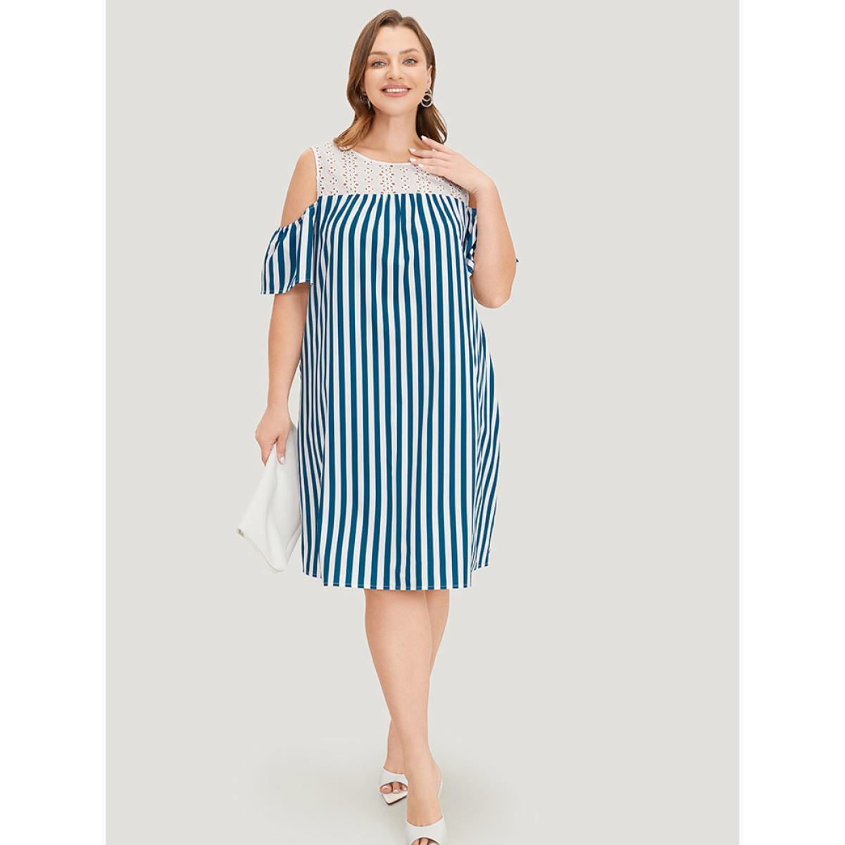 Plus Size Laser Cut Pocket Striped Patchwork Keyhole Dress Aegean Women Office Patchwork Round Neck Short sleeve Curvy Knee Dress BloomChic 14-16/1X Product Image