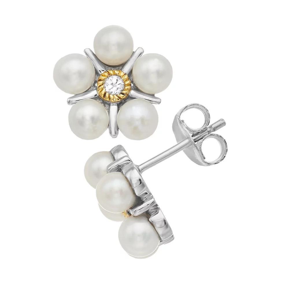 Two Tone Sterling Silver Freshwater Cultured Pearl & White Topaz Stud Earrings, Women's Product Image