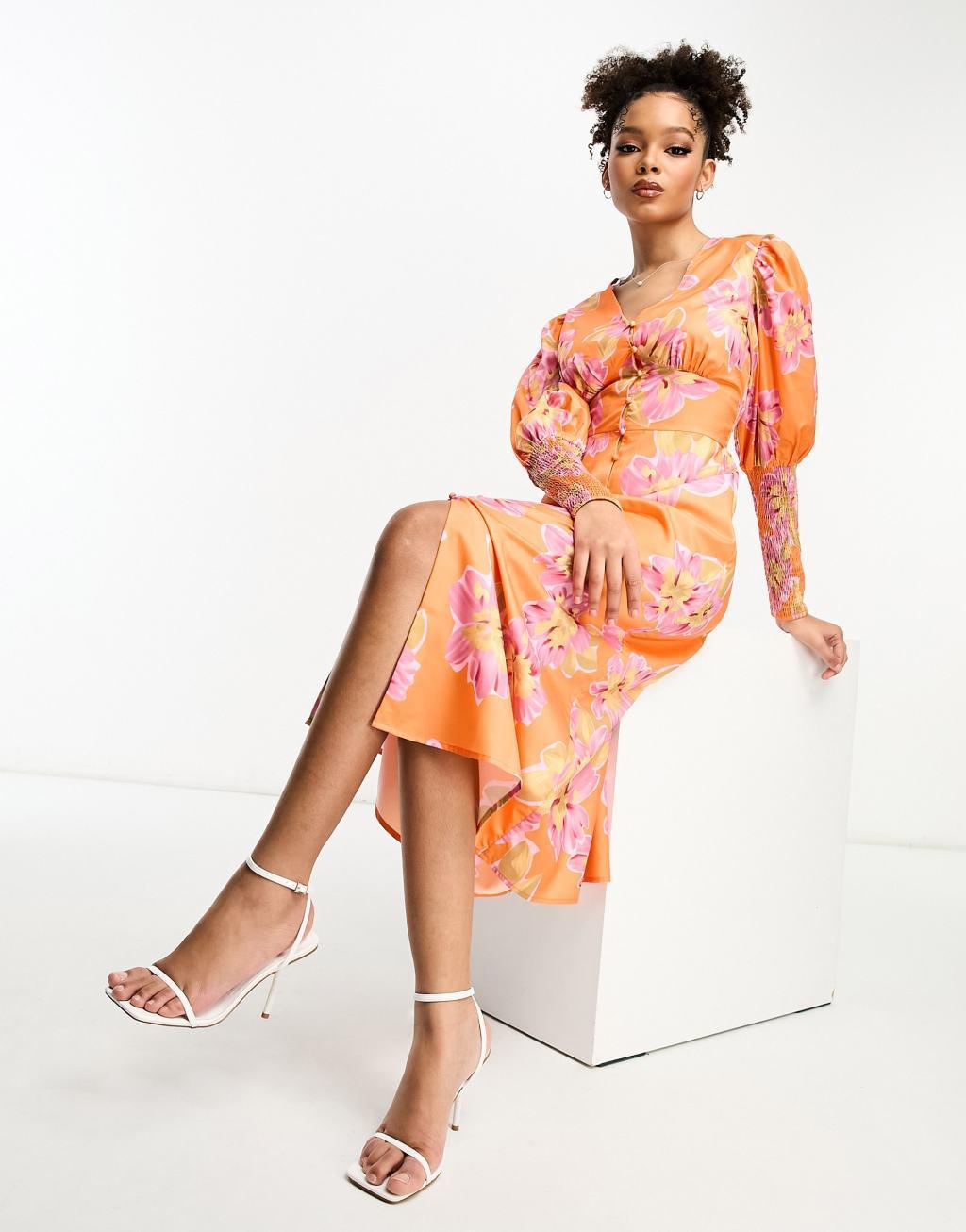 In The Style button up shirred cuff detail midi tea dress Product Image