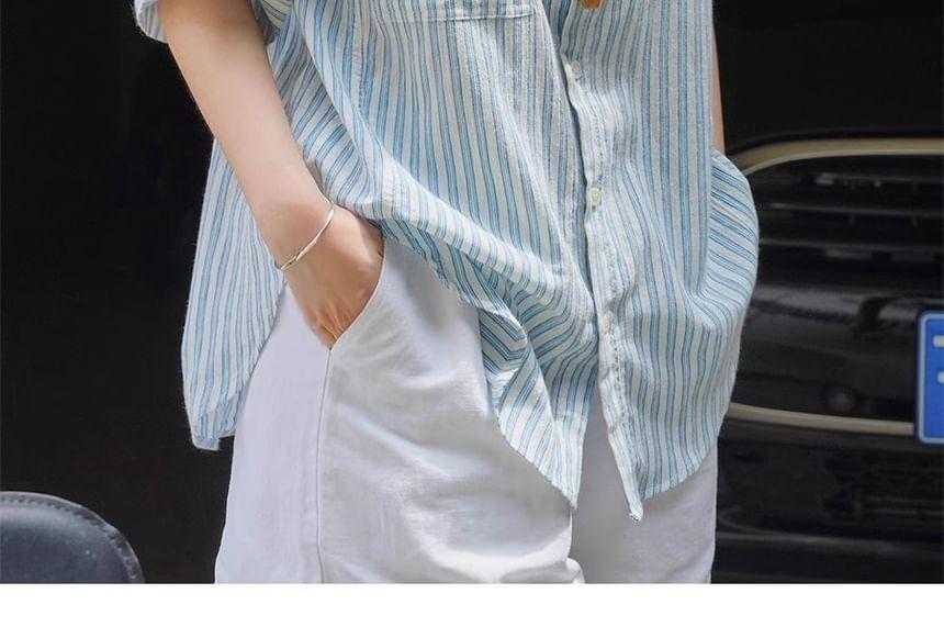Elbow-Sleeve Striped Button-Up Shirt Product Image