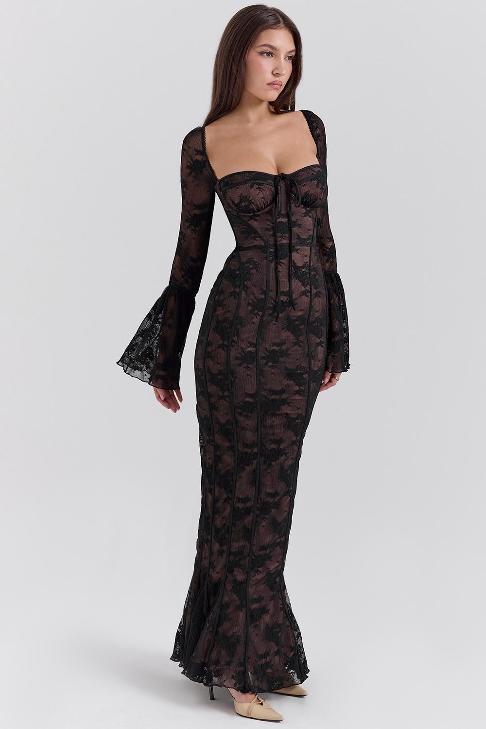 Delilah Black Long Sleeve Lace Maxi Dress Product Image