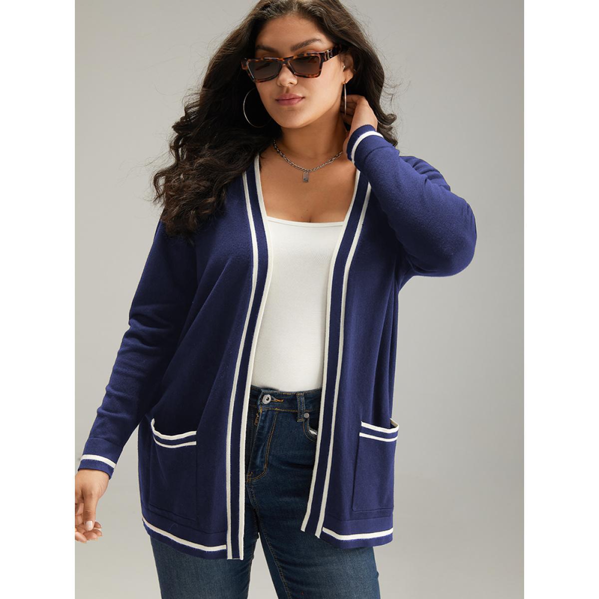 Plus Size Supersoft Essentials Striped Patchwork Pocket Open Front Cardigan Indigo Women Casual Loose Long Sleeve Everyday Cardigans BloomChic 28/5X Product Image