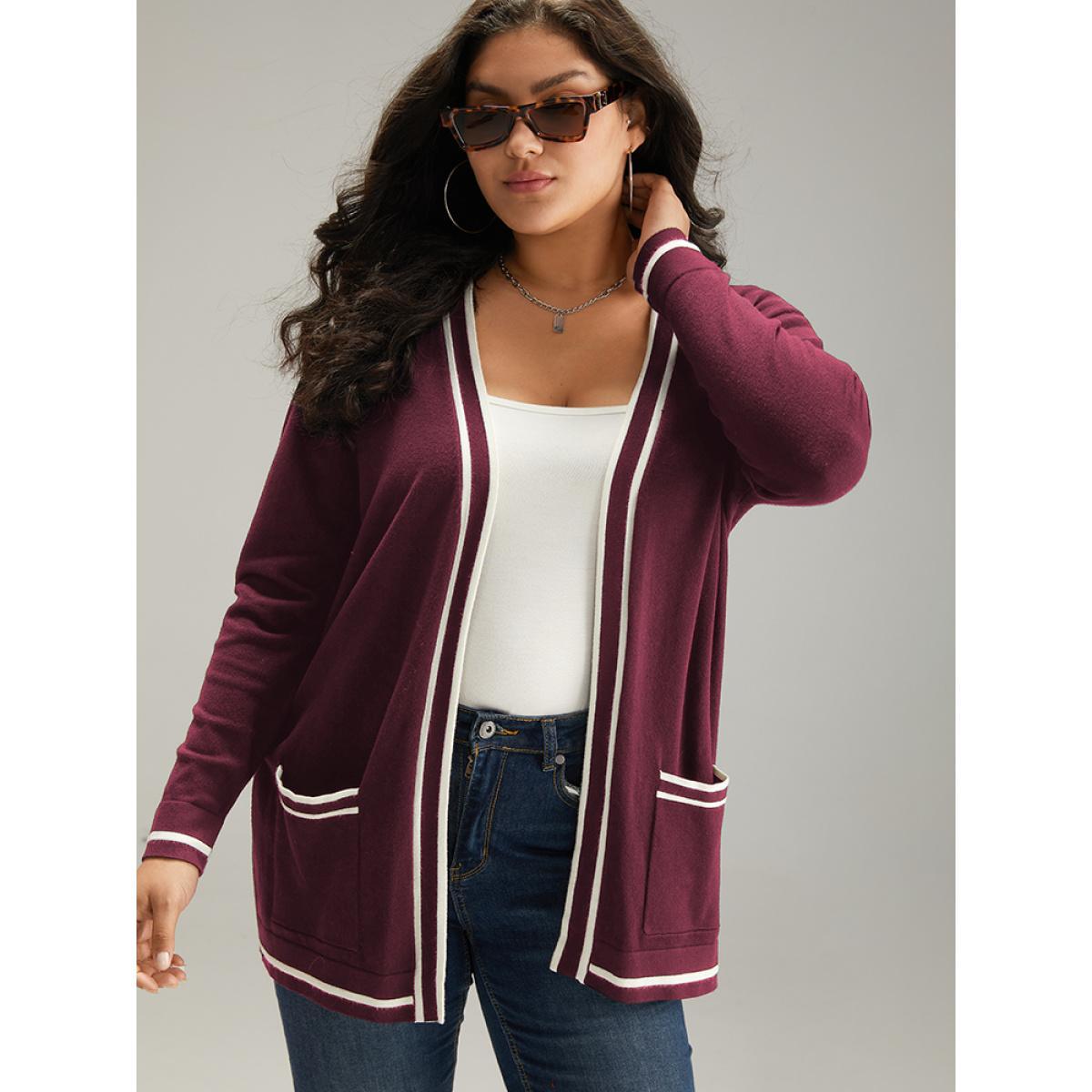Plus Size Supersoft Essentials Striped Patchwork Pocket Open Front Cardigan Burgundy Women Casual Loose Long Sleeve Everyday Cardigans BloomChic 22-24/3X Product Image