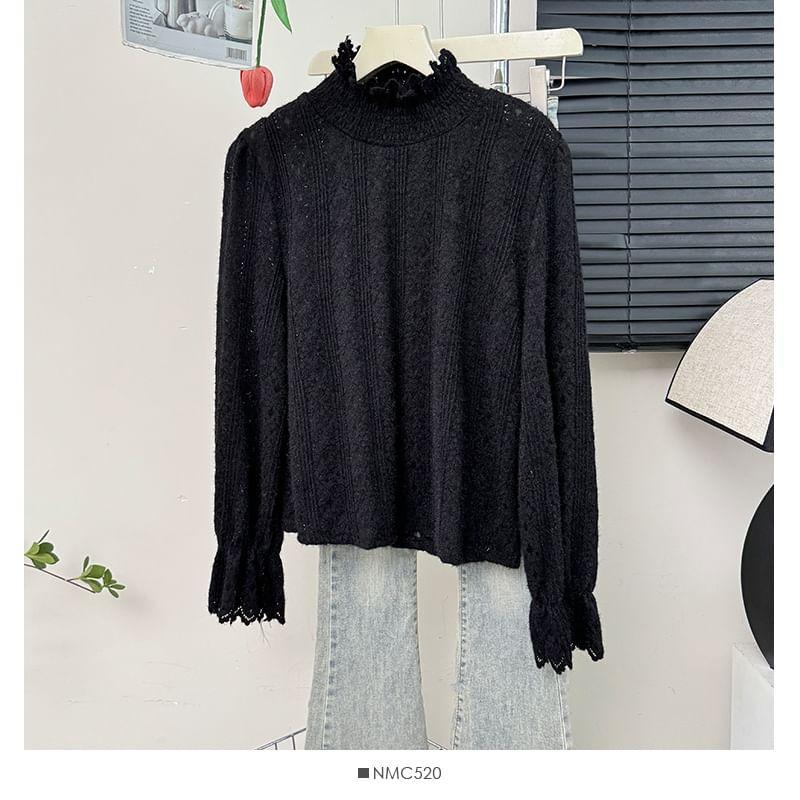 Bell-Sleeve High-Neck Lace Top Product Image