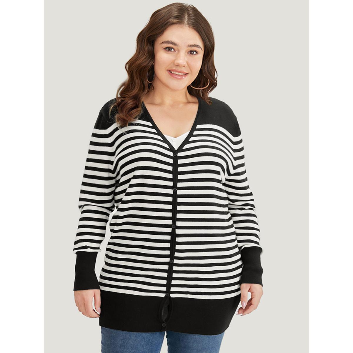 Plus Size Supersoft Essentials Striped Patchwork Elastic Cuffs Cardigan Black Women Casual Loose Long Sleeve Dailywear Cardigans BloomChic 18-20/2X Product Image