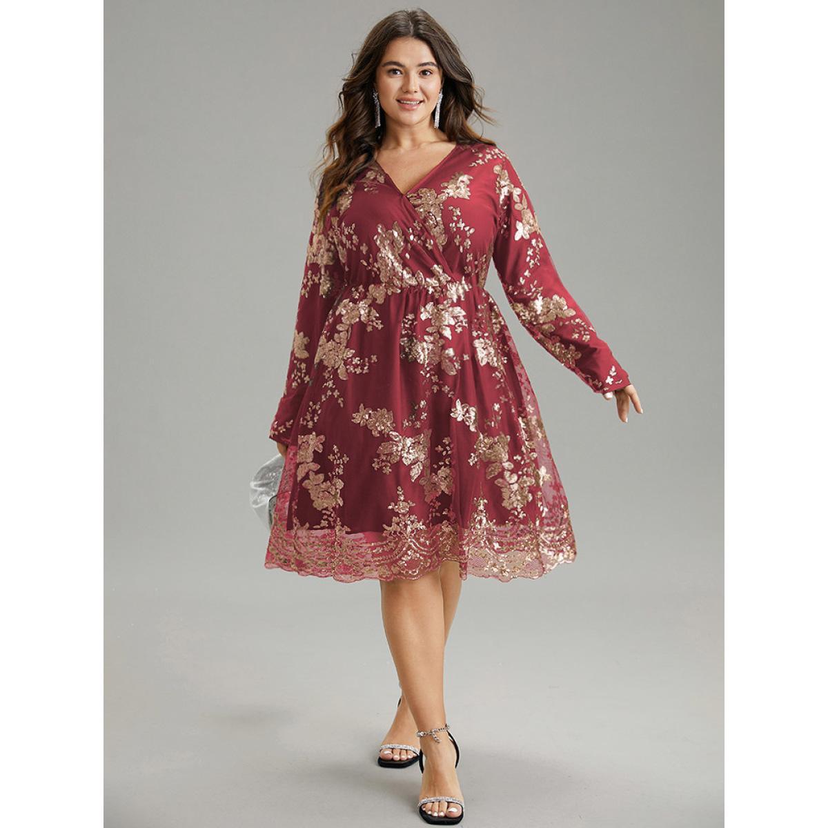 Plus Size Floral Sequin Elastic Waist Mesh Wrap Dress Scarlet Women Party Sequin Overlap Collar Long Sleeve Curvy Midi Dress BloomChic 26/4X Product Image