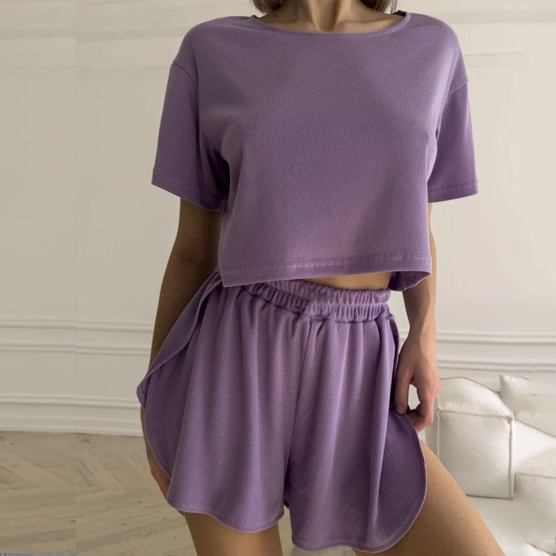 Pajama Set: Short-Sleeve Round Neck Plain Cropped T-Shirt + Elastic Waist Shorts Product Image