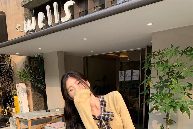 Mock Two-Piece Long-Sleeve Tie-Neck Plaid Panel Button Knit Top / Mid Waist Wide Leg Pants Product Image