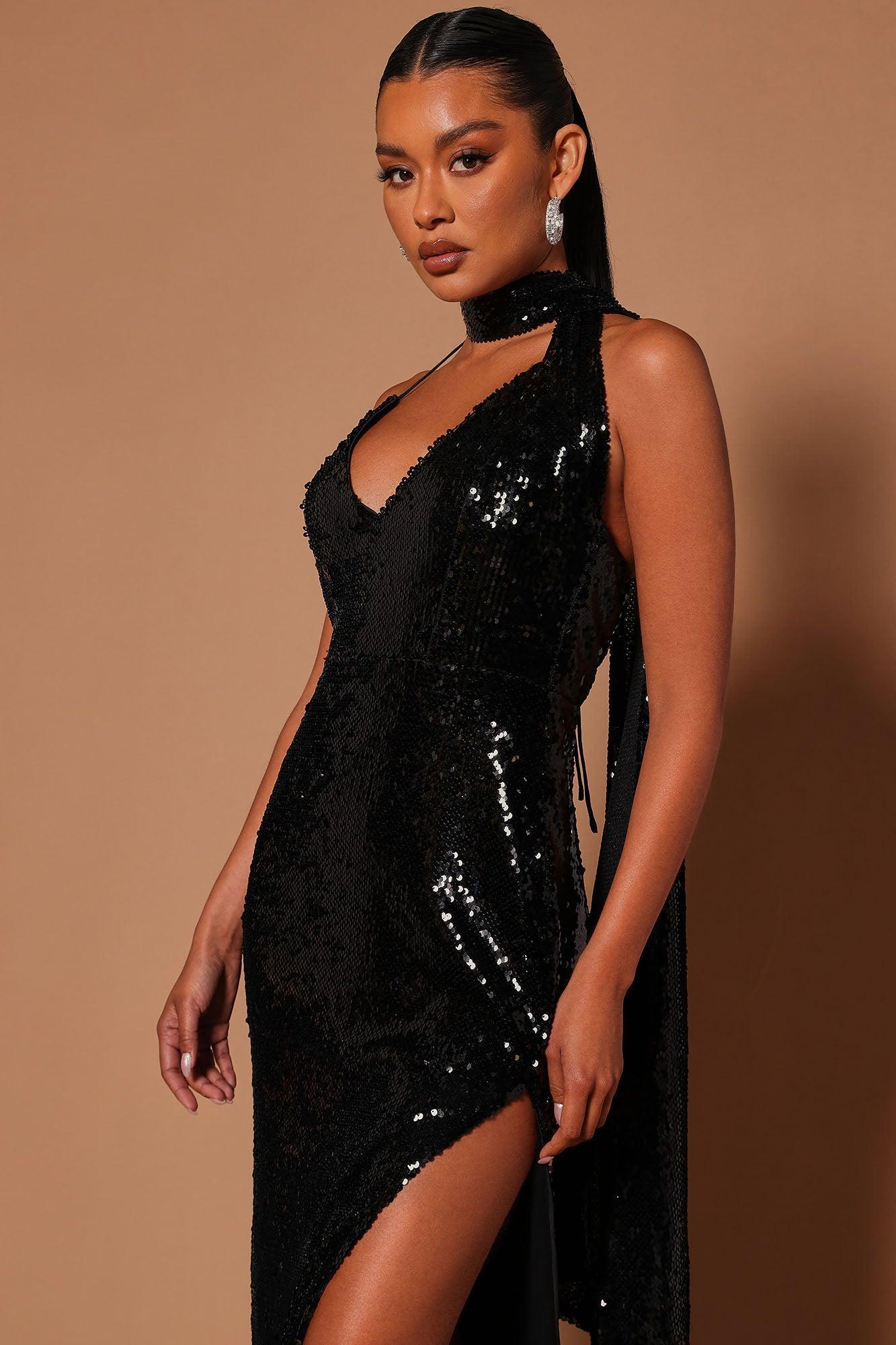 Night In Hollywood Sequin Maxi Dress - Black Product Image