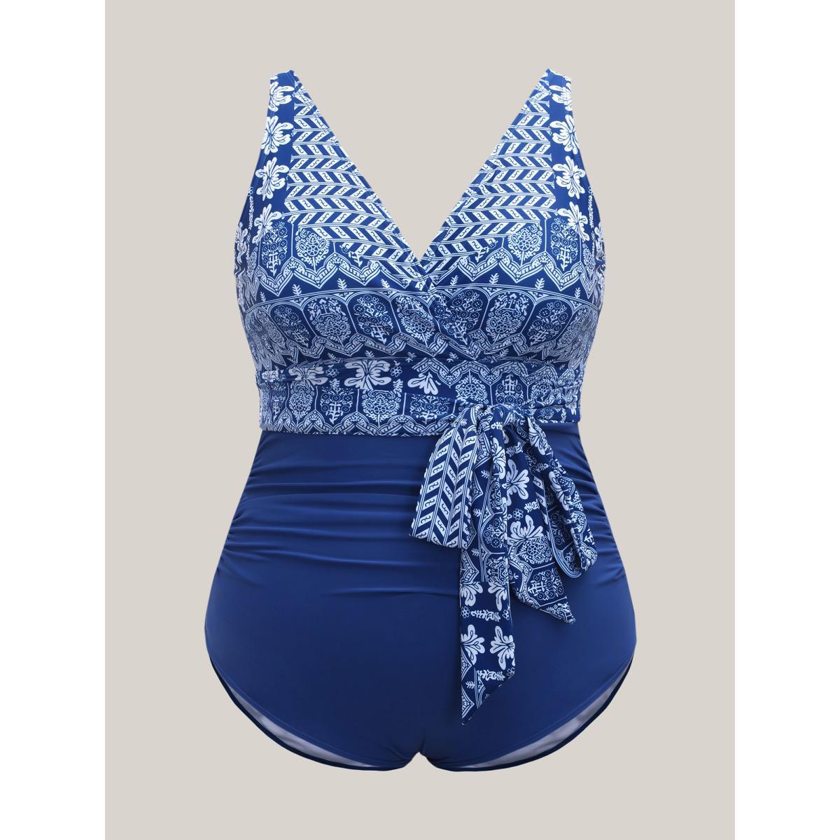 Plus Size Boho Print Belted One-Piece Swimsuit Women's Swimwear Indigo Beach Tie knot Curve Bathing Suits Low stretch One Pieces BloomChic 14-16/1X Product Image