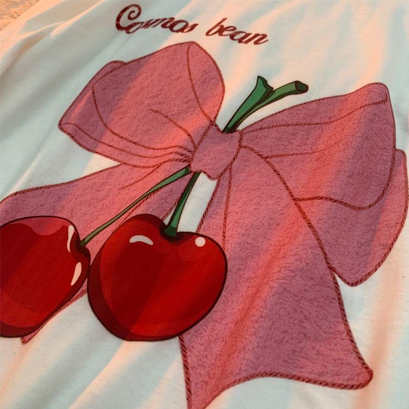 Short Sleeve Bow & Cherry Print Loose-Fit T-Shirt Product Image