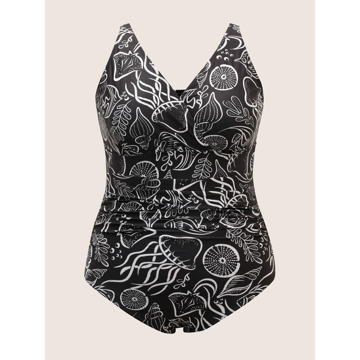 Plus Size V Neck Marine Elements Gathered One Piece Swimsuit Women's Swimwear Black Beach Gathered Curve Bathing Suits High stretch One Pieces BloomChic 18-20/2X Product Image