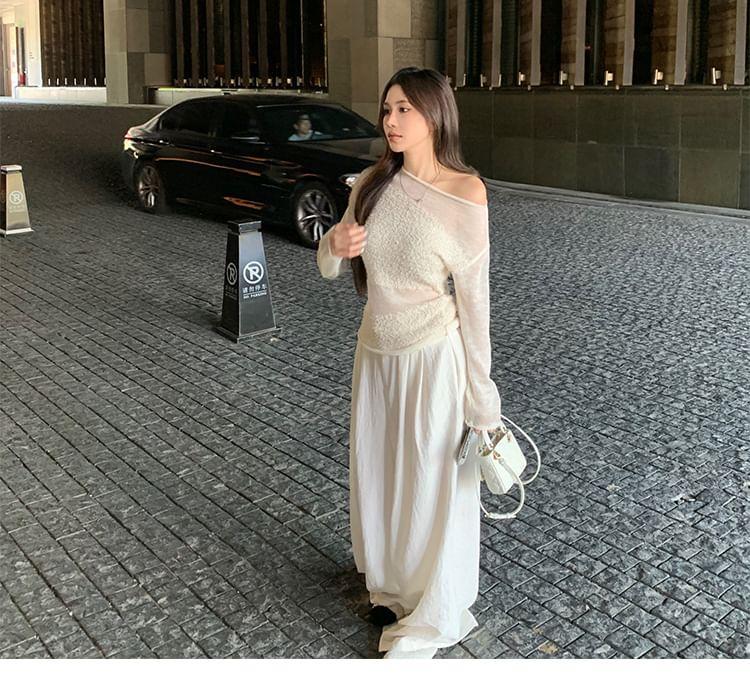 Long-Sleeve Off-Shoulder Plain Sheer Panel Slim Fit Knit Top / High Rise Wide Leg Pants Product Image