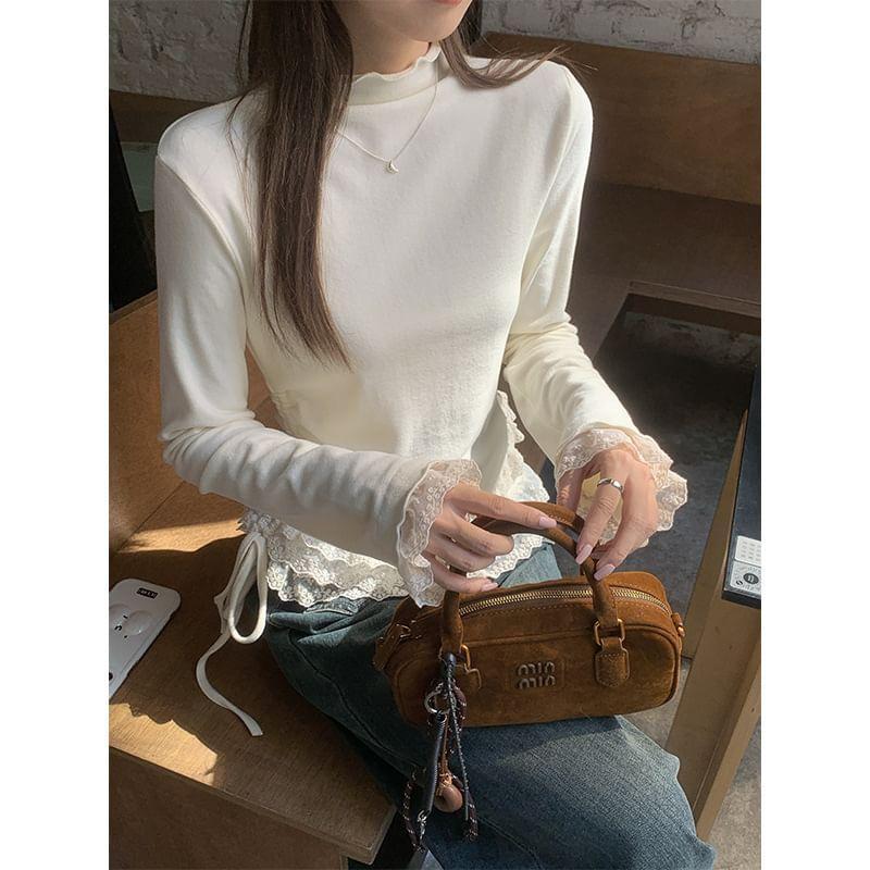Long-Sleeve Mock Neck Drawstring Lace Trim Fleece-Lined Slim Fit Tee Product Image