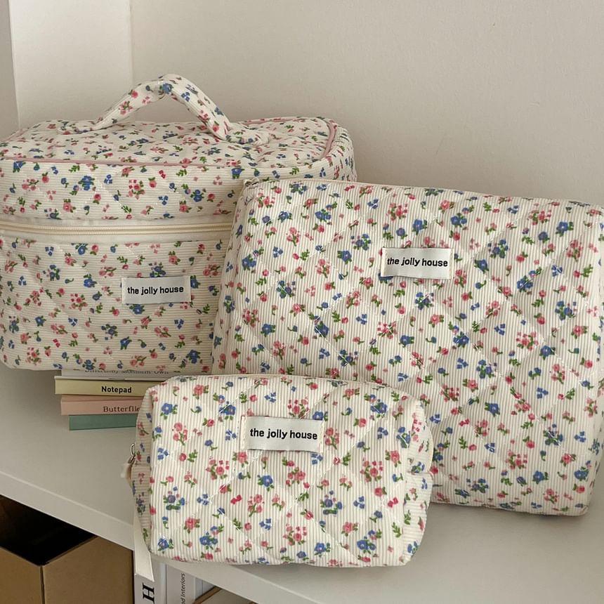 Floral Print Corduroy Pouch / Makeup Bag / Clutch Product Image