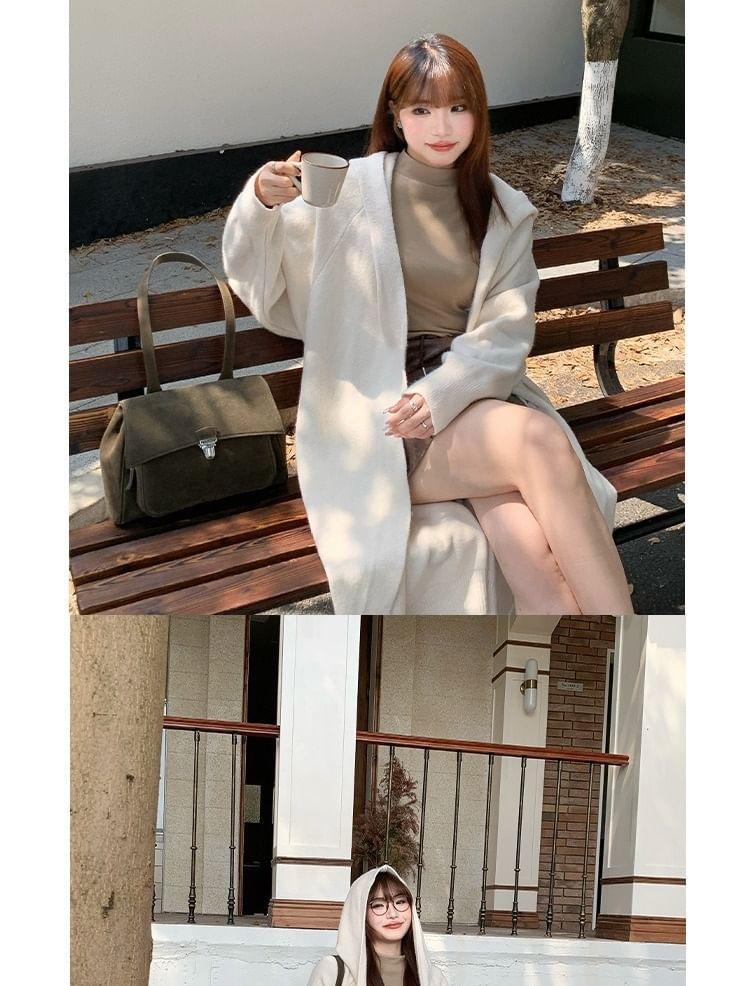 Plain Hooded Button-Up Cardigan Product Image