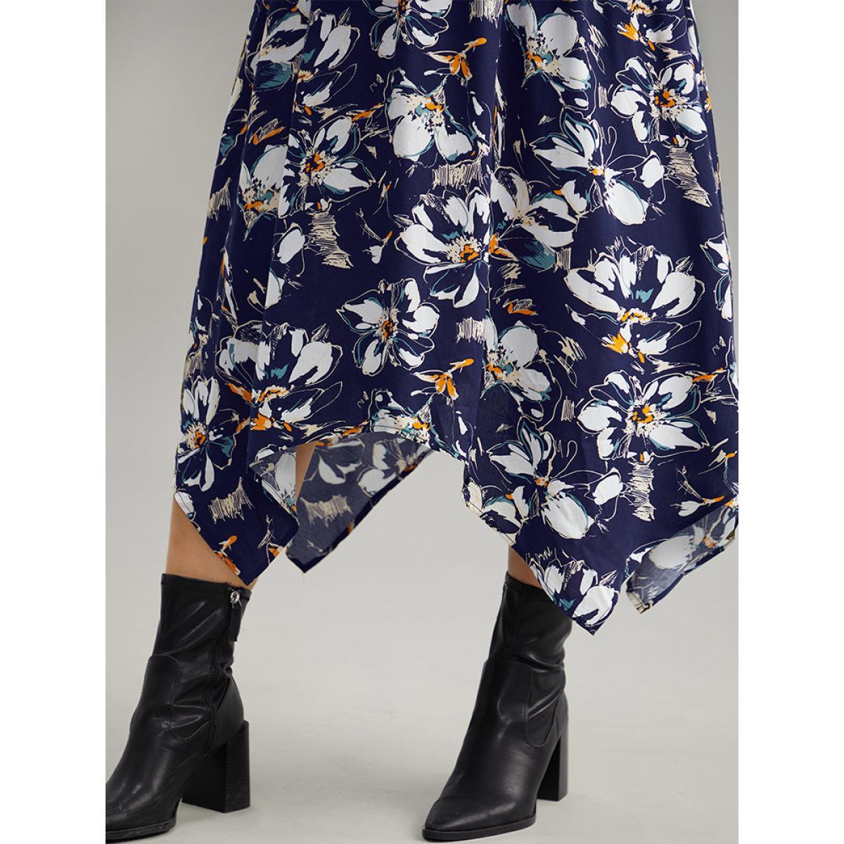 Plus Size Floral Print Ruched Plicated Detail Dress DarkBlue Women Elegant Elastic cuffs V-neck Long Sleeve Curvy Midi Dress BloomChic 26/4X Product Image