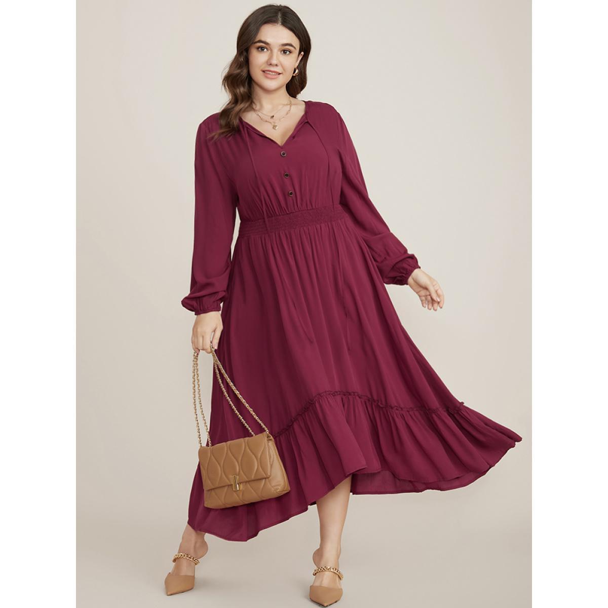 Plus Size Solid Pocket Button Detail Tie Neck Shirred Ruffles Dress Burgundy Women Elegant Pocket V-neck Long Sleeve Curvy Midi Dress BloomChic 18-20/2X Product Image