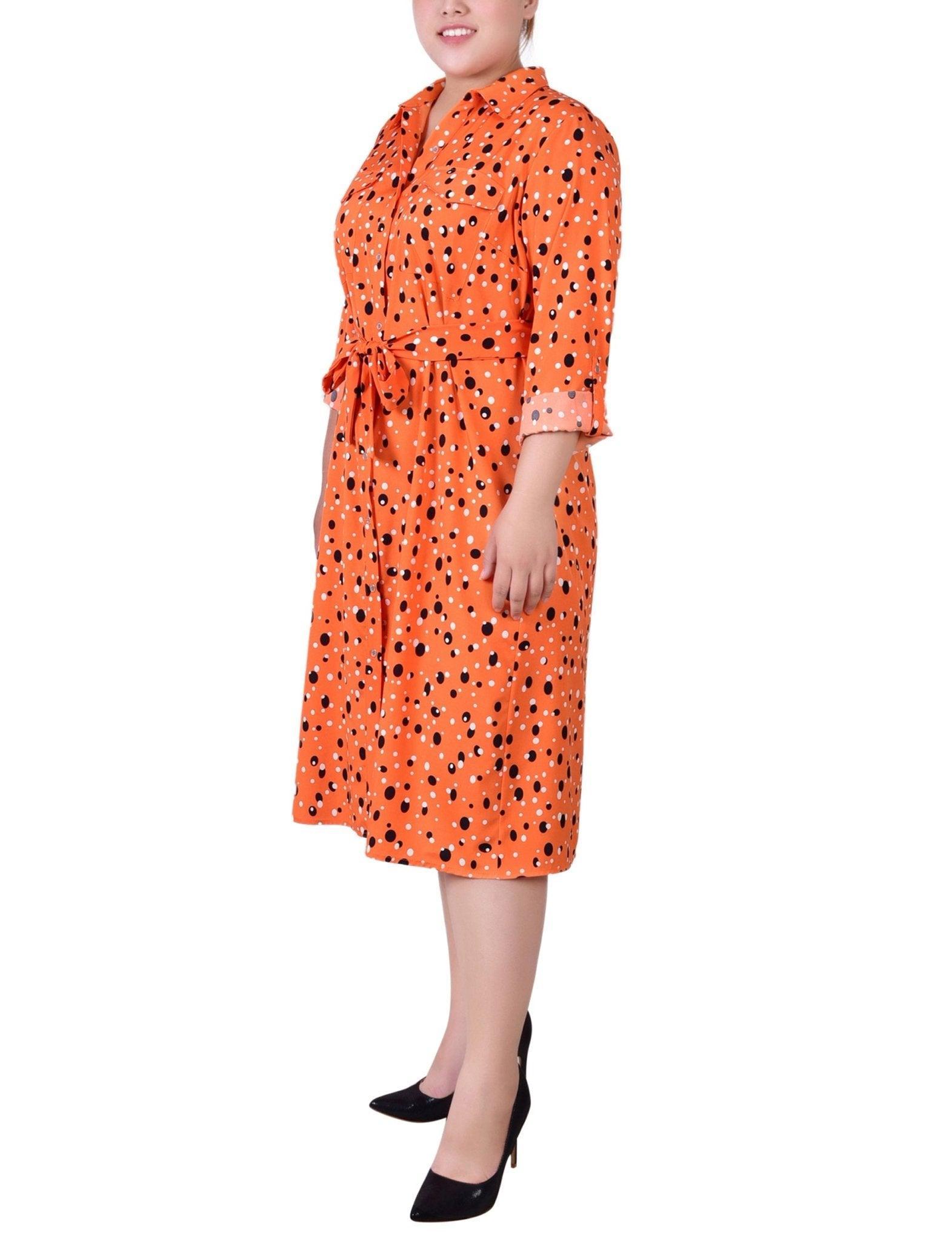 Rust Black Bubble 3/4 Roll Tab Sleeve Belted Shirtdress - Plus Product Image