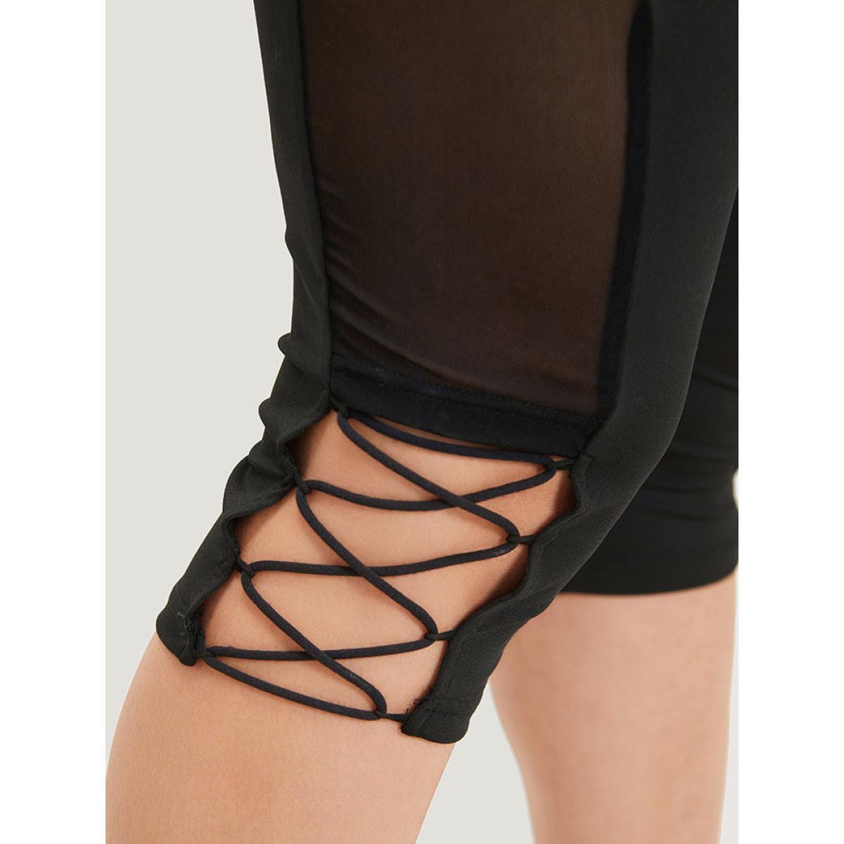 Plus Size Plain Crisscross Mesh Patchwork Cropped Leggings Women Black Elegant High stretch Skinny High Rise Dailywear Leggings BloomChic 18-20/2X Product Image