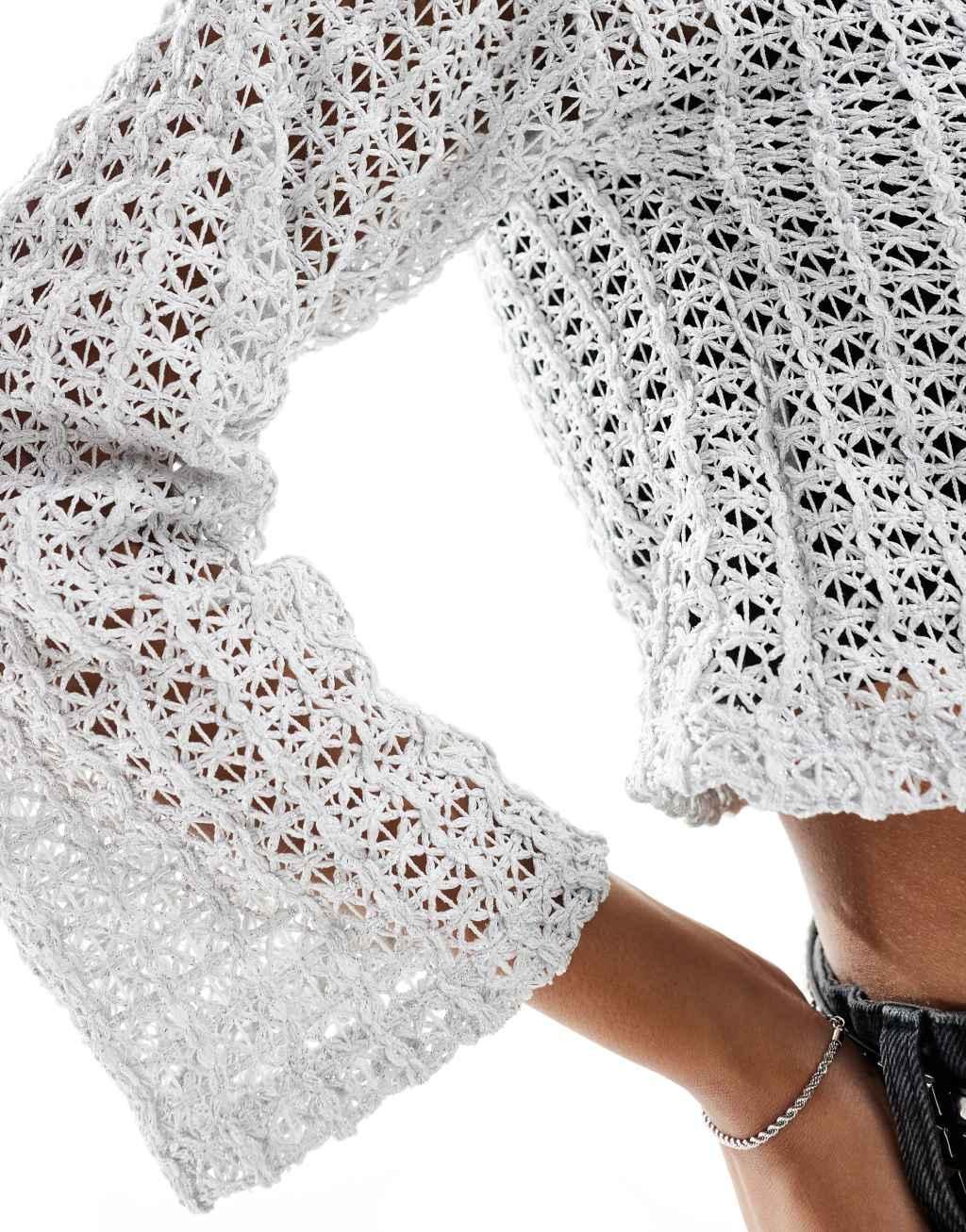 Pieces Festival two tone crochet wide sleeve top in metallic silver Product Image