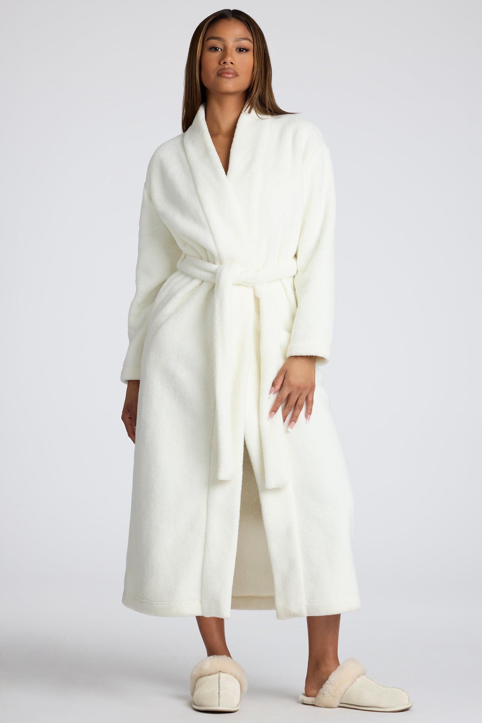 Tie Front Fleece Robe in White Product Image