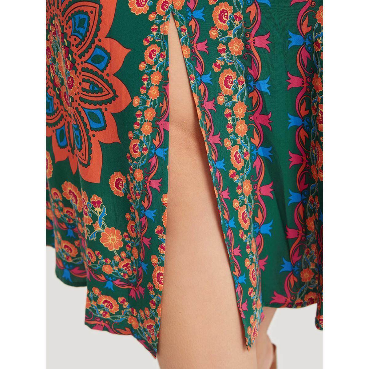 Plus Size Boho Print Belted Split Hem Pocket Cami Dress DarkGreen Women Vacation Gathered V-neck Sleeveless Curvy Midi Dress BloomChic 30/6X Product Image