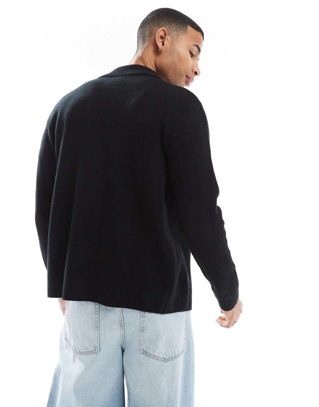 Jack & Jones zip Cardigan with collar in black Product Image