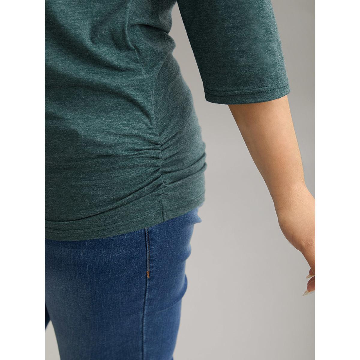 Plus Size Solid Gathered Contrast Lace V Neck T-shirt DarkGreen Women Elegant Gathered Plain V-neck Everyday T-shirts BloomChic 30/6X Product Image