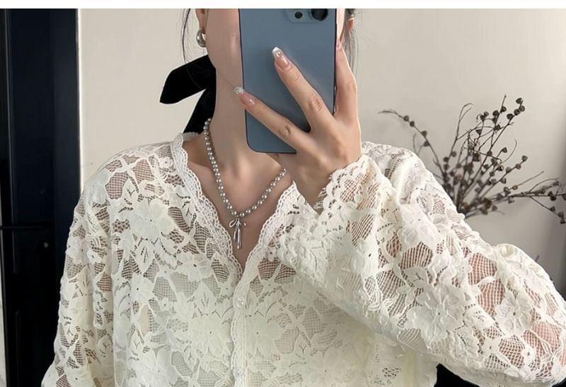 Long-Sleeve V-Neck Floral Lace Button Top Product Image