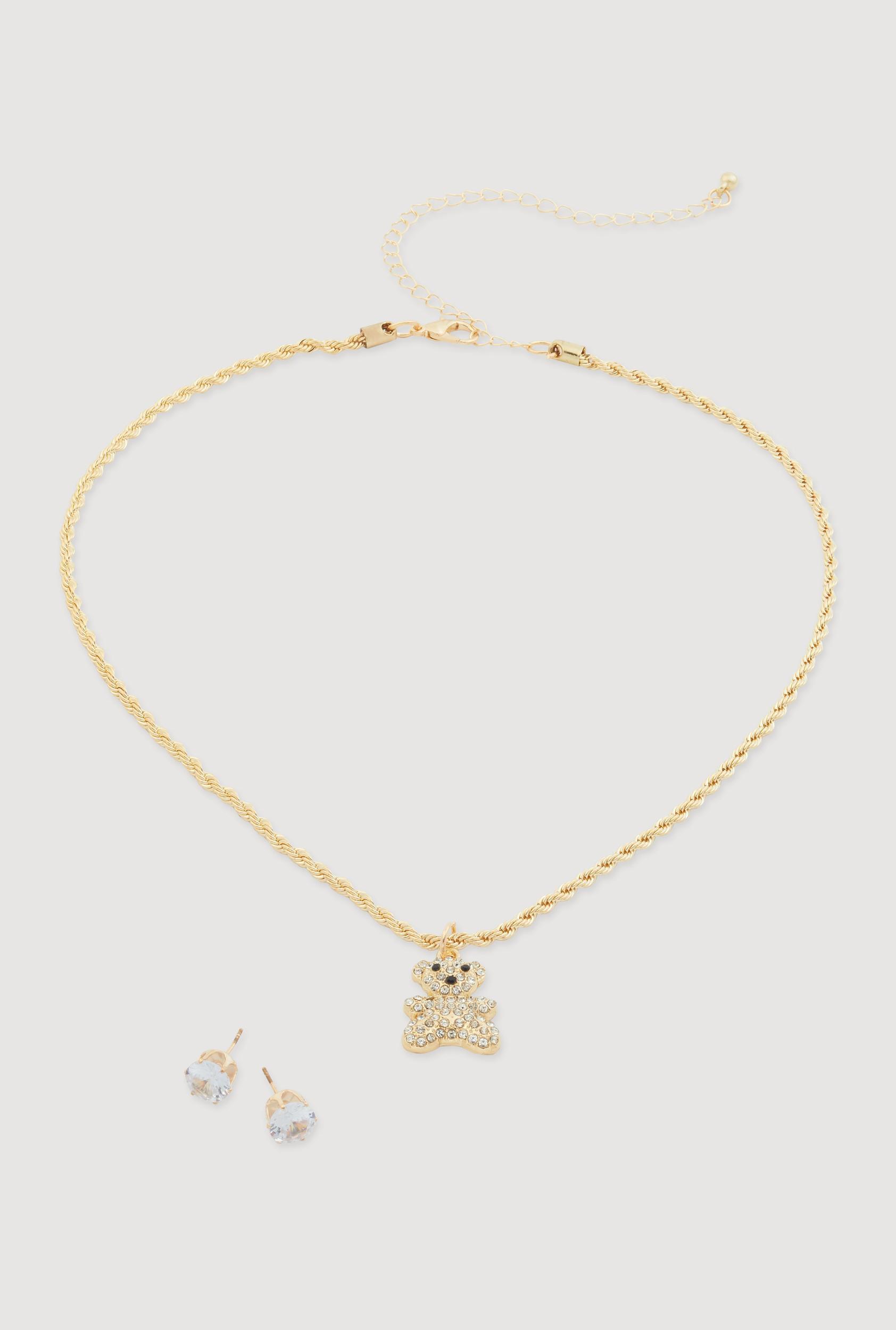 Cubic Zirconia Bear Charm Necklace with Stud Earrings Female Product Image