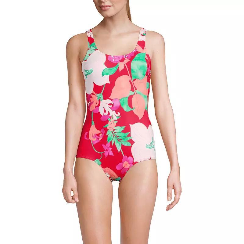Womens Lands End Tugless Sporty UPF 50 One-Piece Swimsuit Pink Rose Lilies Product Image