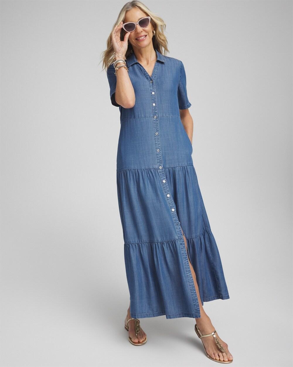 Faux Denim Tiered Shirt Dress Product Image