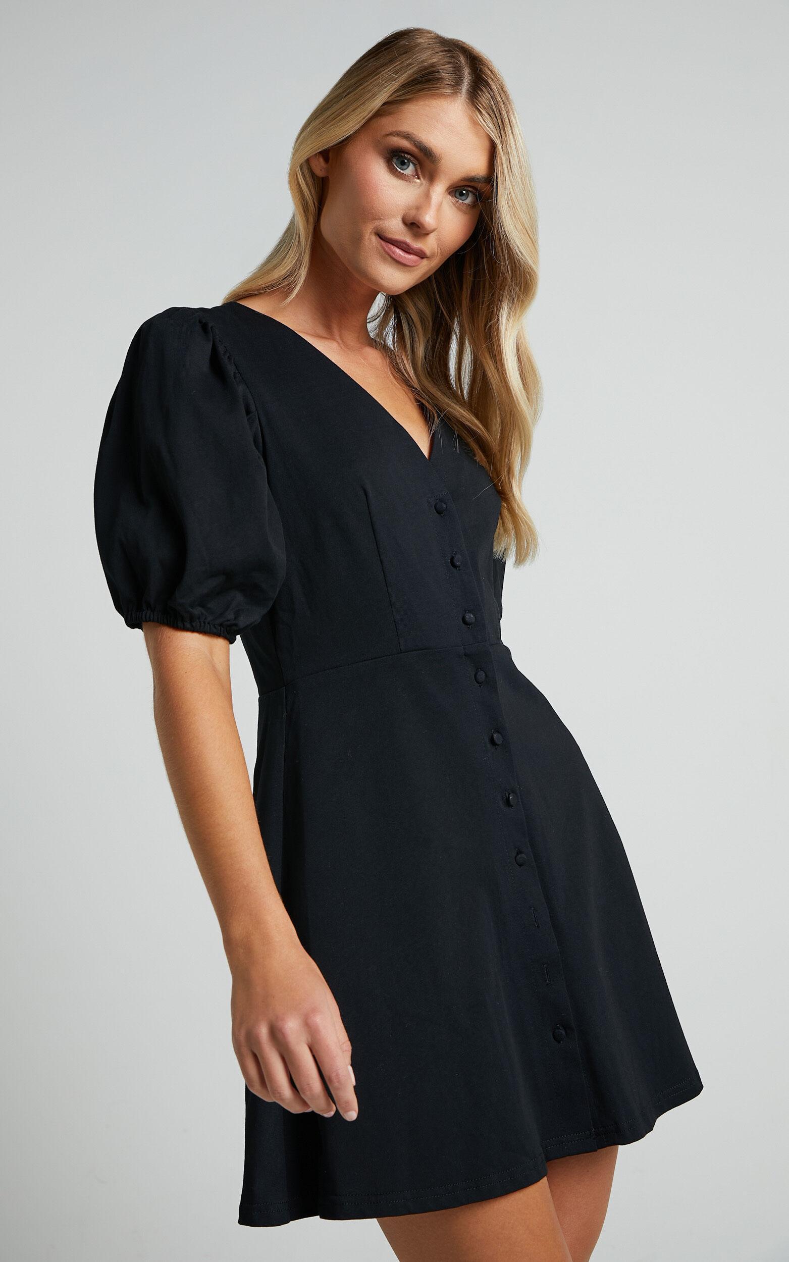 Rochelle Mini Dress - V Neck Button Through Dress in Black Product Image