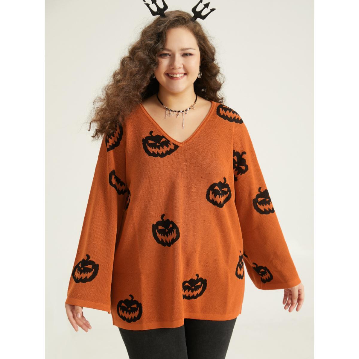Plus Size Halloween V Neck Bell Sleeve Pullover Chocolate Women Casual Loose Long Sleeve V-neck Dailywear Pullovers BloomChic 12/L Product Image