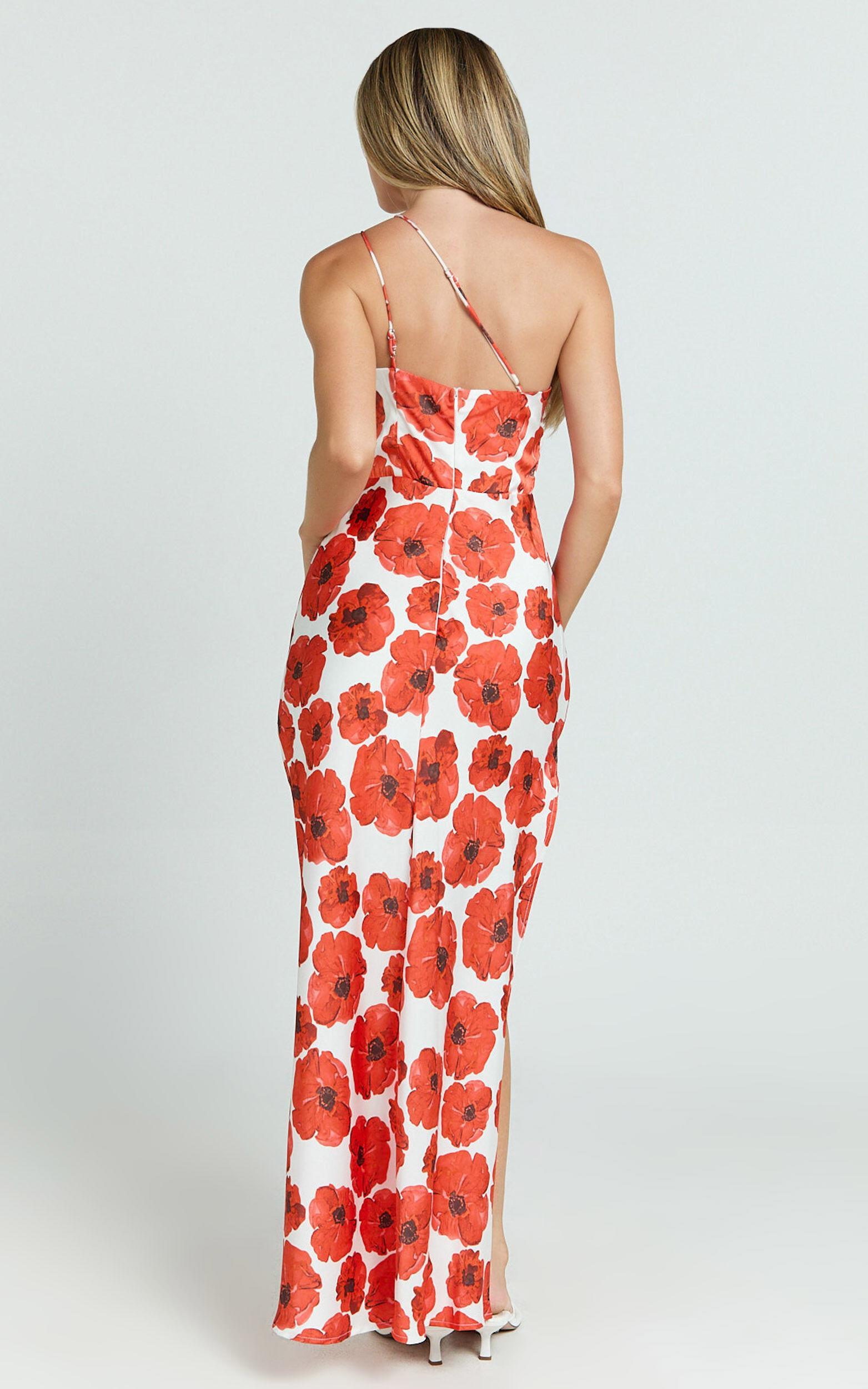 Maria Midi Dress - One Shoulder High Slip Leg in Red Floral Product Image