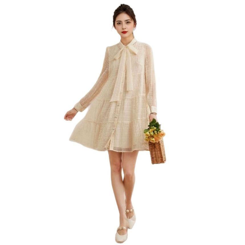 Long-Sleeve Tie-Neck Plain Tiered Button A-Line Dress Product Image