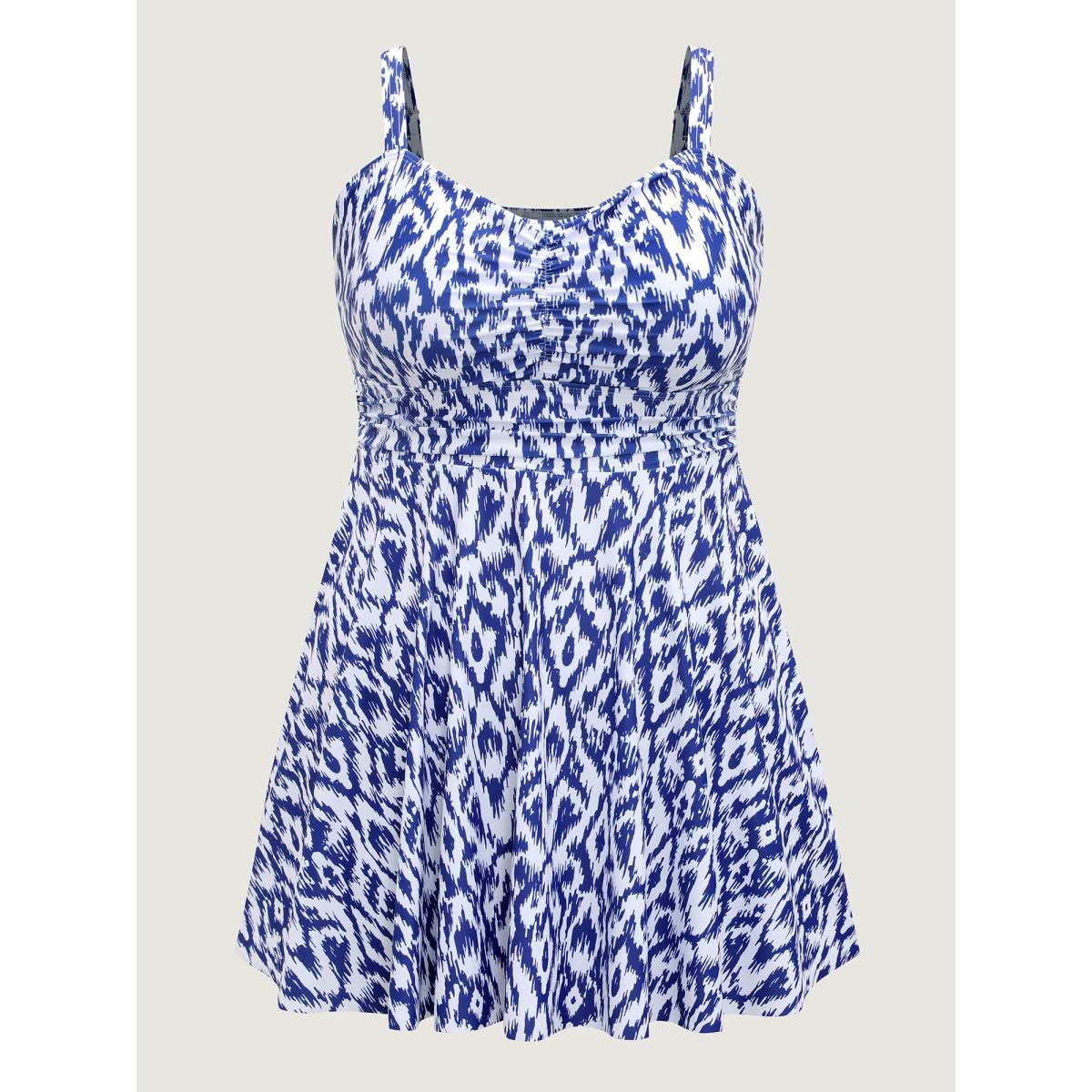 Plus Size Color Fusion Ruched Abstract Swim Dress Women's Swimwear Indigo Beach Bodycon Heart neckline High stretch Curve Swim Dresses BloomChic 22-24/3X Product Image