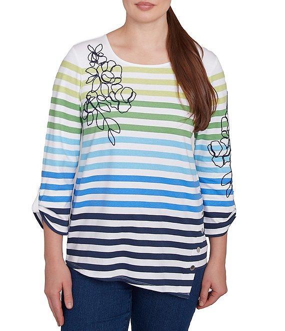 Ruby Rd. Mixed Color Stripe Soft Knit Floral Embroidered Detail Scoop Neck 3/4 Sleeve Top Product Image