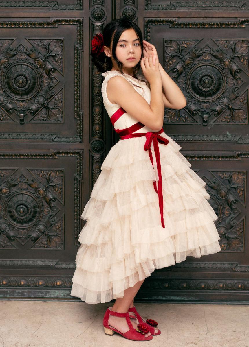 Geneva Petticoat Dress in Cream & Scarlet Girls Product Image