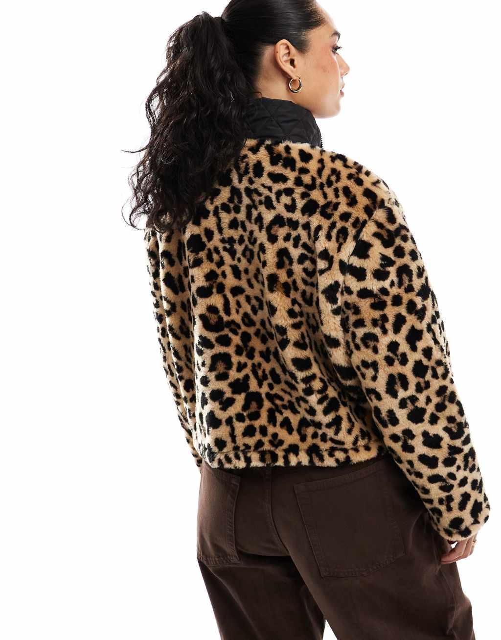 ASOS DESIGN zip up teddy fleece with quilted pocket detail in leopard Product Image