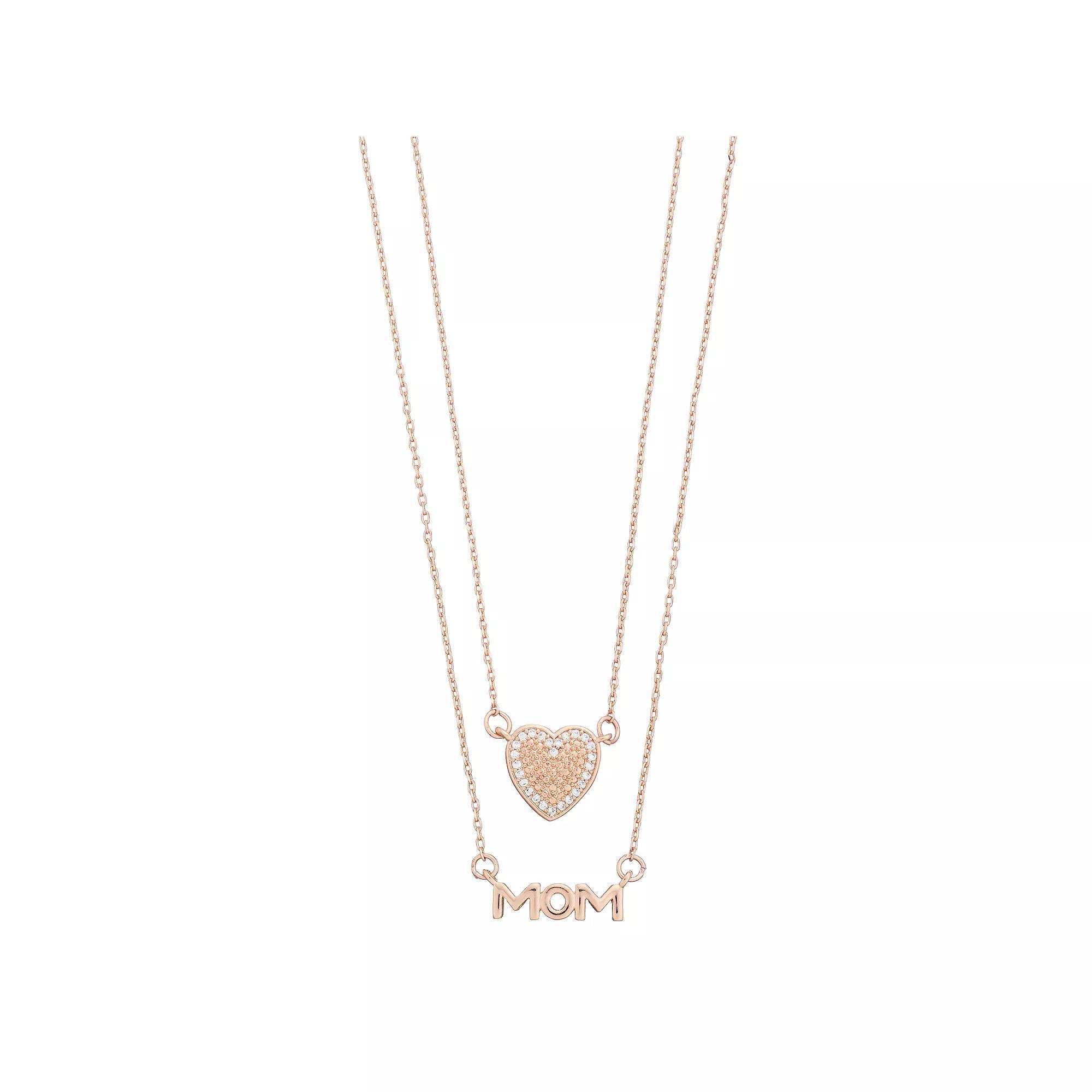 City Luxe "Mom" & Cubic Zirconia Heart Necklace Set, Women's, Rose Gold Tone Clear Product Image