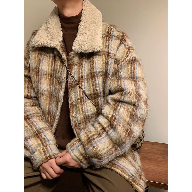 Fleece Collar Plaid Button-Up Jacket Product Image