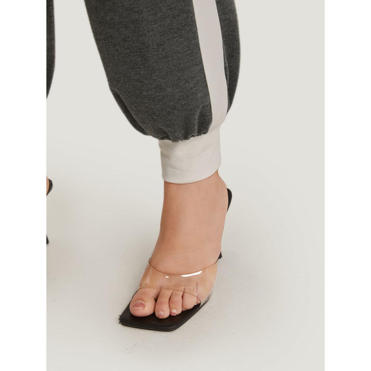 Two Tone Patchwork Pocket Elastic Waist Sweatpants Gray Plus Size Women Elegant Dailywear Contrast 10/M Bloomchic Product Image