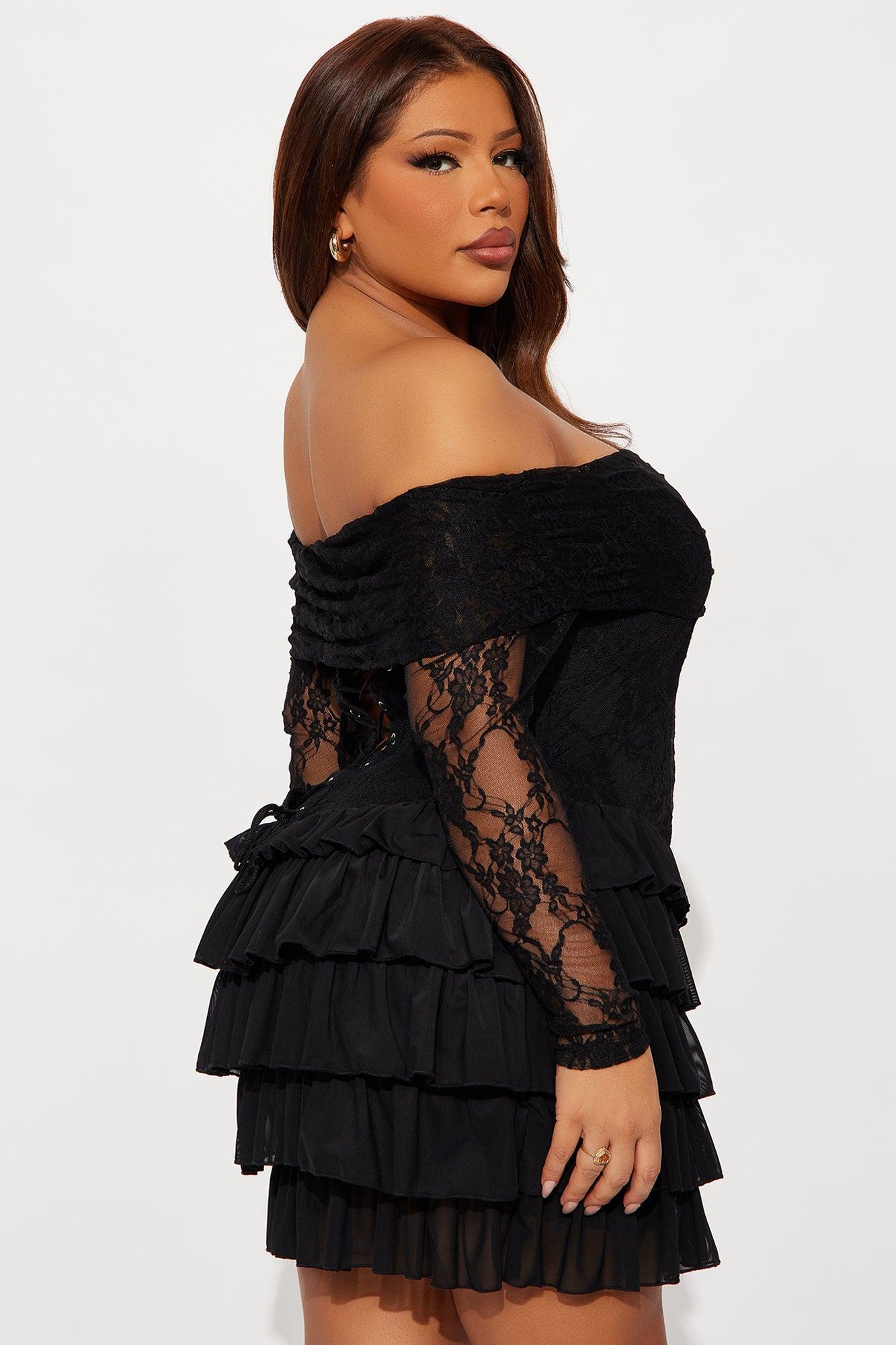 Elsie Ruffle Lace Mini Dress - Black Product Image