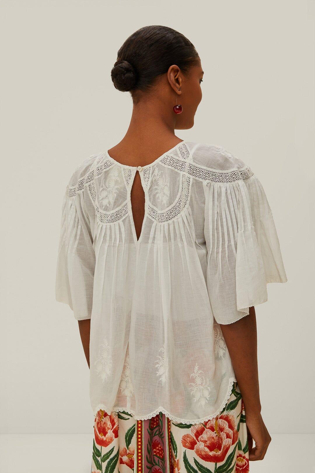 Off-White Embroidered Short Sleeve Blouse, OFF-WHITE / XL Product Image