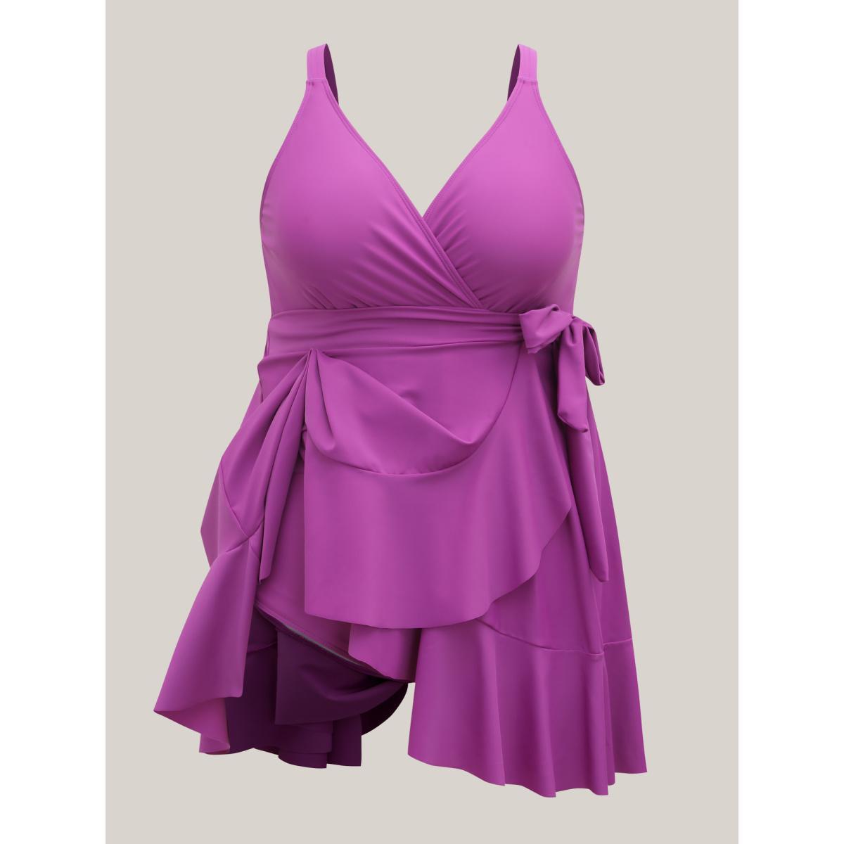 Plus Size Flared Hem Waist-Tie Surplice Swim Dress Women's Swimwear Deeppurplered Beach Bodycon Overlap Collar High stretch Curve Swim Dresses BloomChic 30/6X Product Image