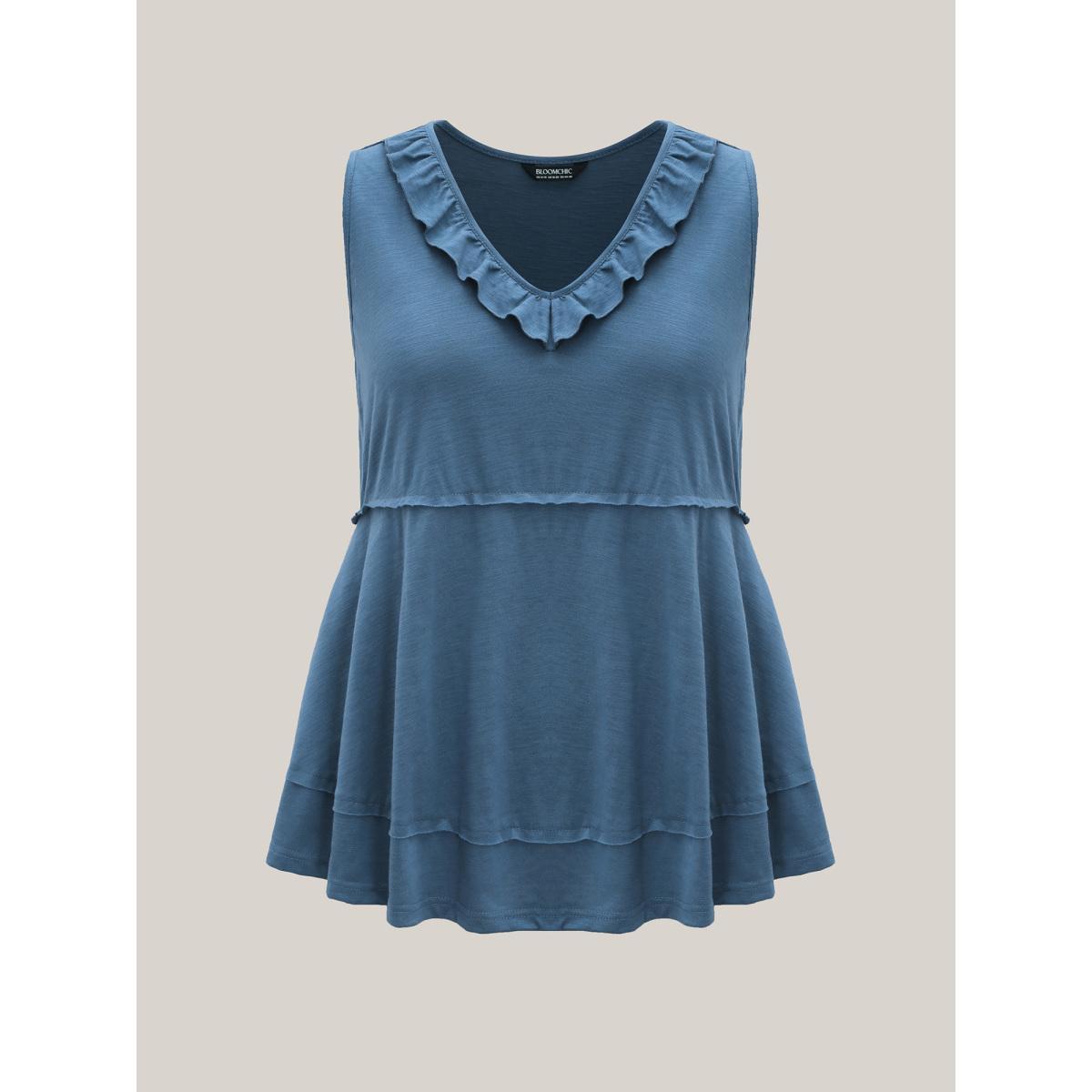 Plus Size Lotus Neckline Bamboo Tank Top Women Mediumblue Tucked seam V-neck Vacation Tank Tops Camis BloomChic 28/5X Product Image